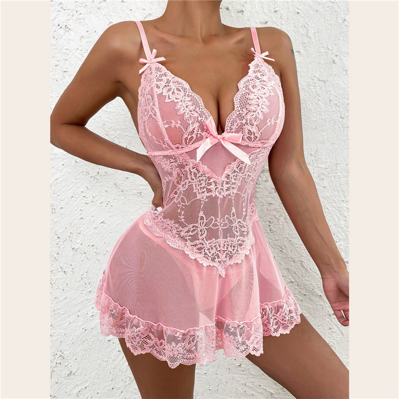 Sheer Bra Lace - Damska seksowna koronkowa sukienka babydoll z
